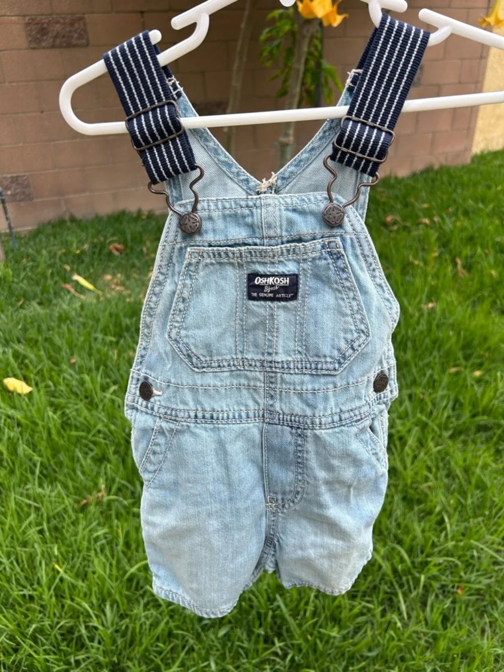 OshKosh B'gosh Light Blue Denim Short Overalls with Navy Striped Straps